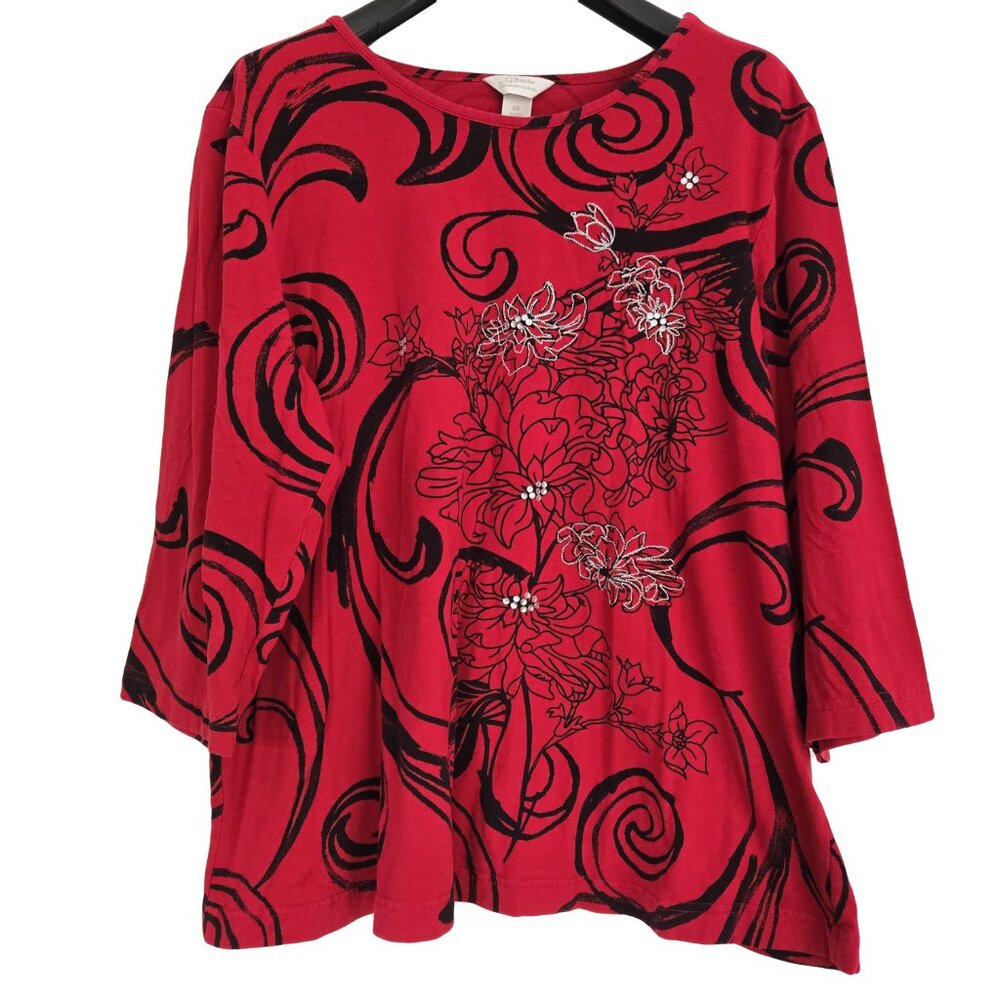 CJ BANKS Red & Black Jewelled 3/4 sleeve Top 2X
